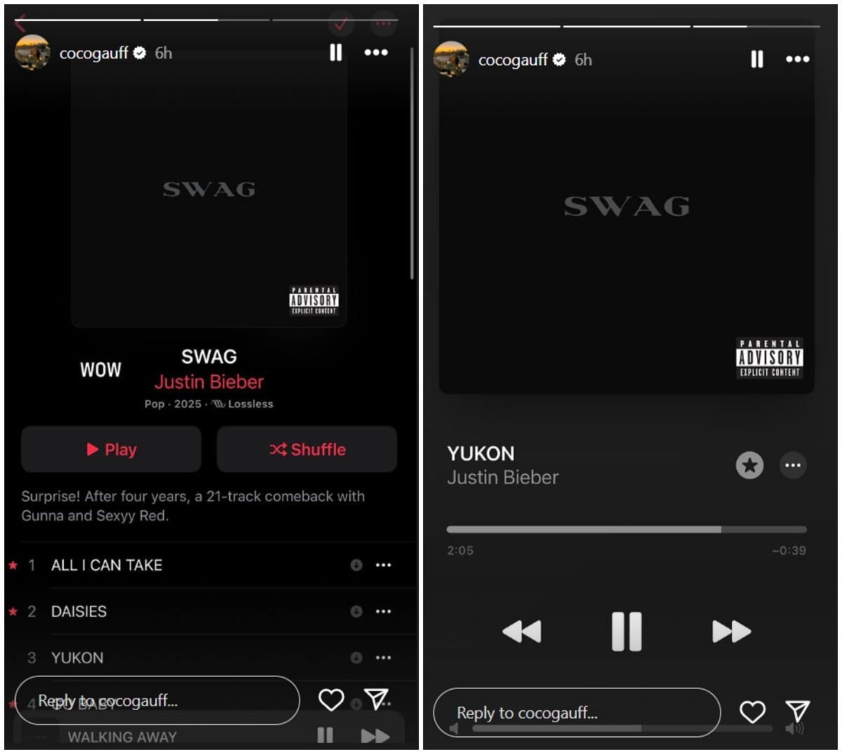 Gauff listening to Justin Bieber; Instagram - @cocogauff